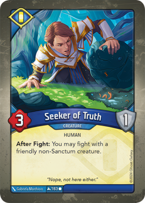 Seeker of Truth, a KeyForge card illustrated by Gabriela Marchioro