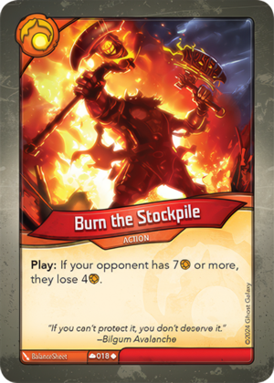 Burn the Stockpile, a KeyForge card illustrated by BalanceSheet