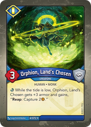 Orphion, Land’s Chosen, a KeyForge card illustrated by Liiga Smilshkalne