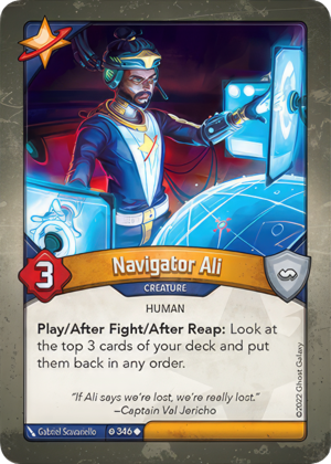 Navigator Ali, a KeyForge card illustrated by Gabriel Scavariello