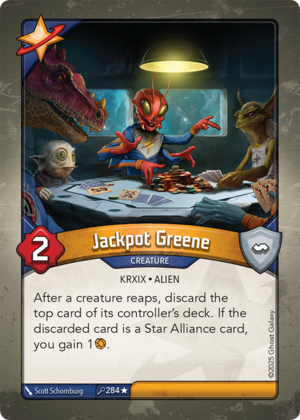 Jackpot Greene, a KeyForge card illustrated by Scott Schomburg