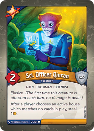 Sci. Officer Qincan, a KeyForge card illustrated by Alena Medovnikova