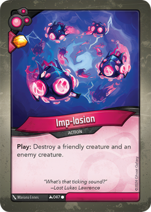 Imp-losion, a KeyForge card illustrated by Mariana Ennes