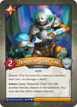 Teleporter Chief Tink, a KeyForge card illustrated by Gabriel Scavariello