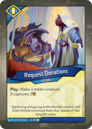 Request Donations, a KeyForge card illustrated by David Auden Nash