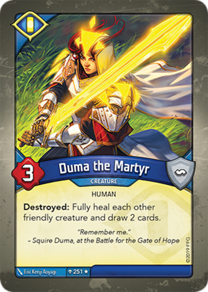 Duma the Martyr, a KeyForge card illustrated by Eric Kenji Aoyagi
