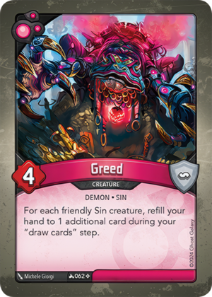 Greed, a KeyForge card illustrated by Michele Giorgi