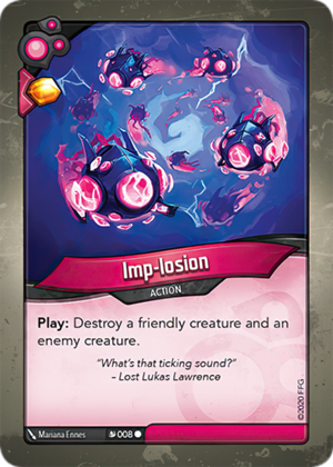 Imp-losion, a KeyForge card illustrated by Mariana Ennes