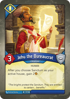 Jehu the Bureaucrat, a KeyForge card illustrated by Andrew Bosley