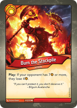 Burn the Stockpile, a KeyForge card illustrated by BalanceSheet