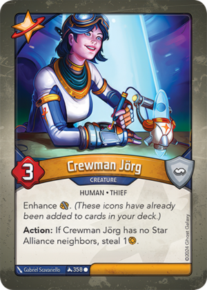 Crewman Jörg, a KeyForge card illustrated by Gabriel Scavariello