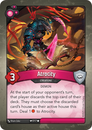 Atrocity, a KeyForge card illustrated by Ilham Zaka