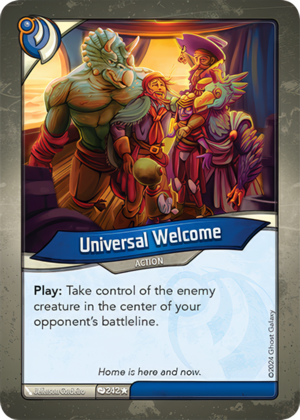 Universal Welcome, a KeyForge card illustrated by Jeferson Cordeiro