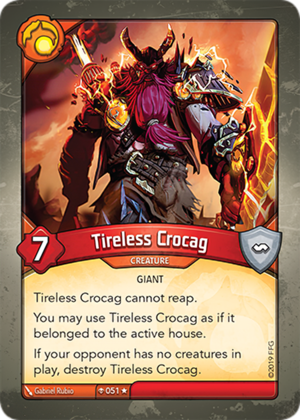 Tireless Crocag, a KeyForge card illustrated by Gabriel Rubio