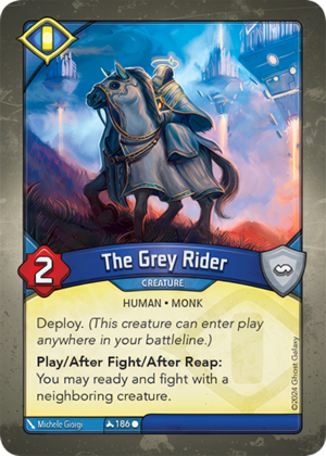 The Grey Rider, a KeyForge card illustrated by Michele Giorgi