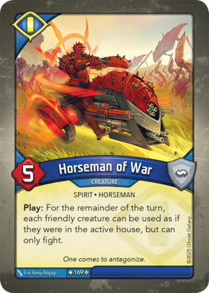 Horseman of War, a KeyForge card illustrated by Eric Kenji Aoyagi
