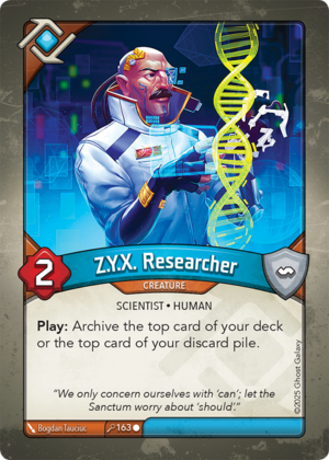 Z.Y.X. Researcher, a KeyForge card illustrated by Bogdan Tauciuc